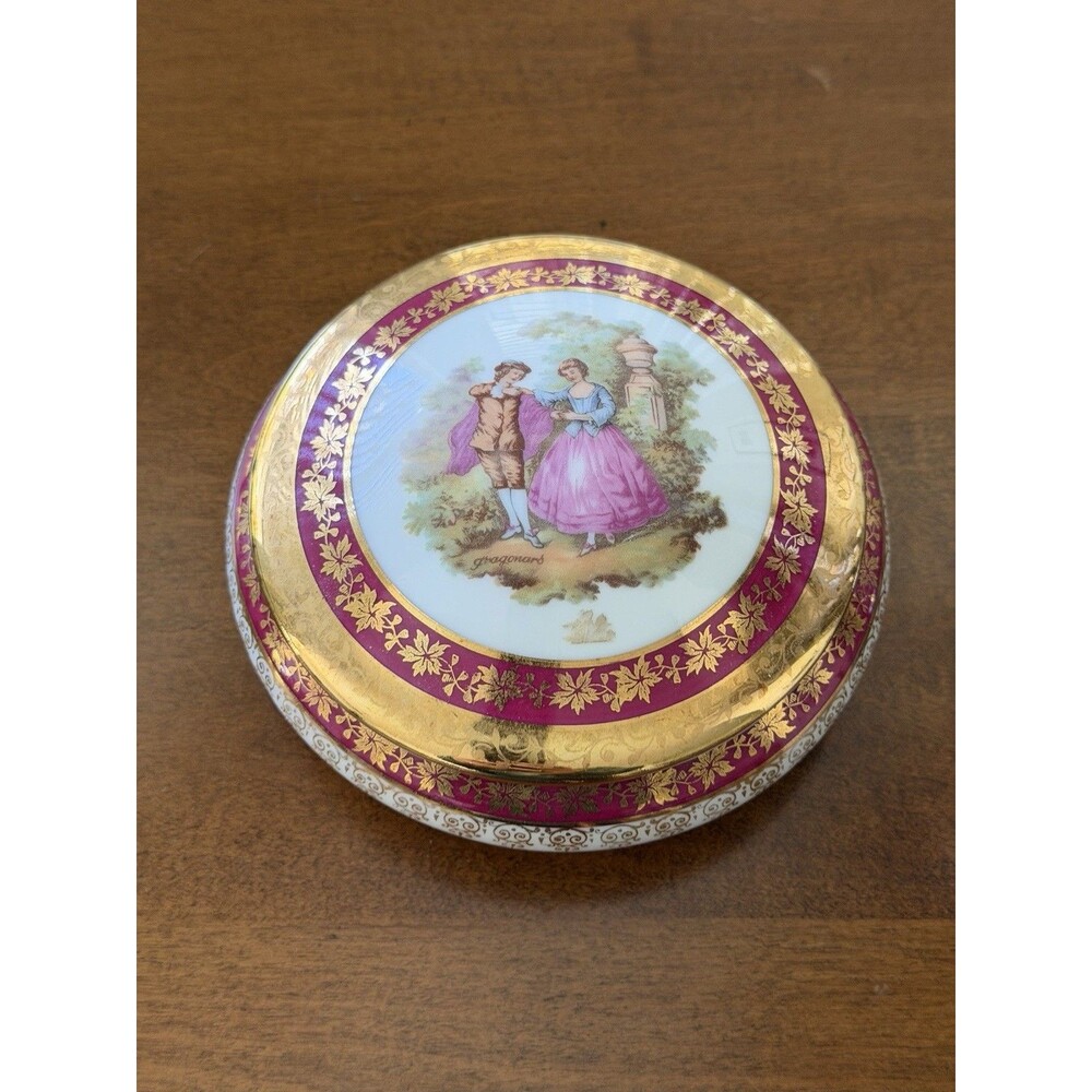 Antique French Limoges Fuchsia Pink Gold Porcelain Vintage Dresser Trinket Box